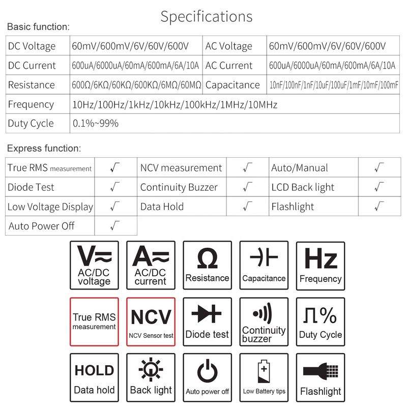 Multimètre numérique de poche multifonctionnel électricien compteur universel de haute précision CC/AC NCV True RMS Multimètre Tester