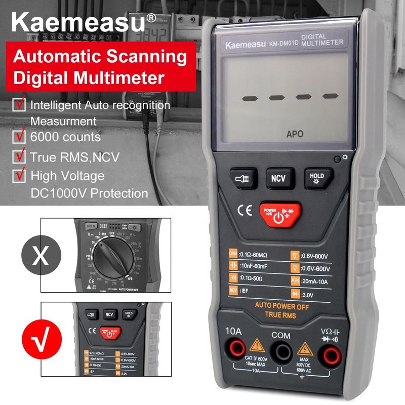 Autonomie automatique électricien de mesure intelligent 6000 compteurs Multimètres numériques de banc avec fonction Ncv T-rms