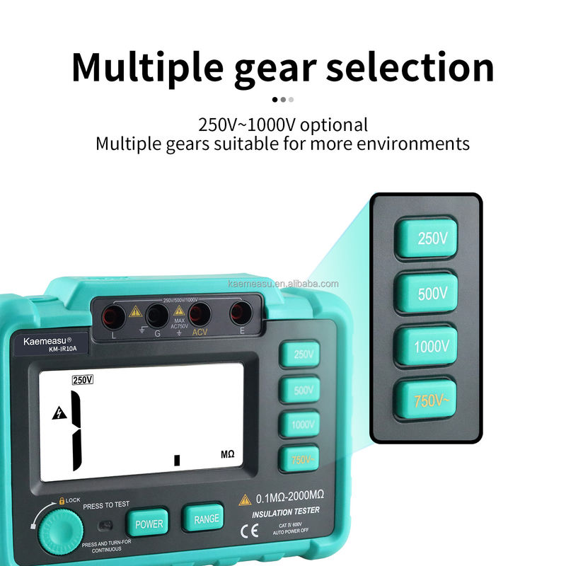 Testeur numérique de résistance à l'isolation avec protection contre les surcharges et portée de mesure allant jusqu'à 2000MΩ Classe 1 250V 500V 1000V