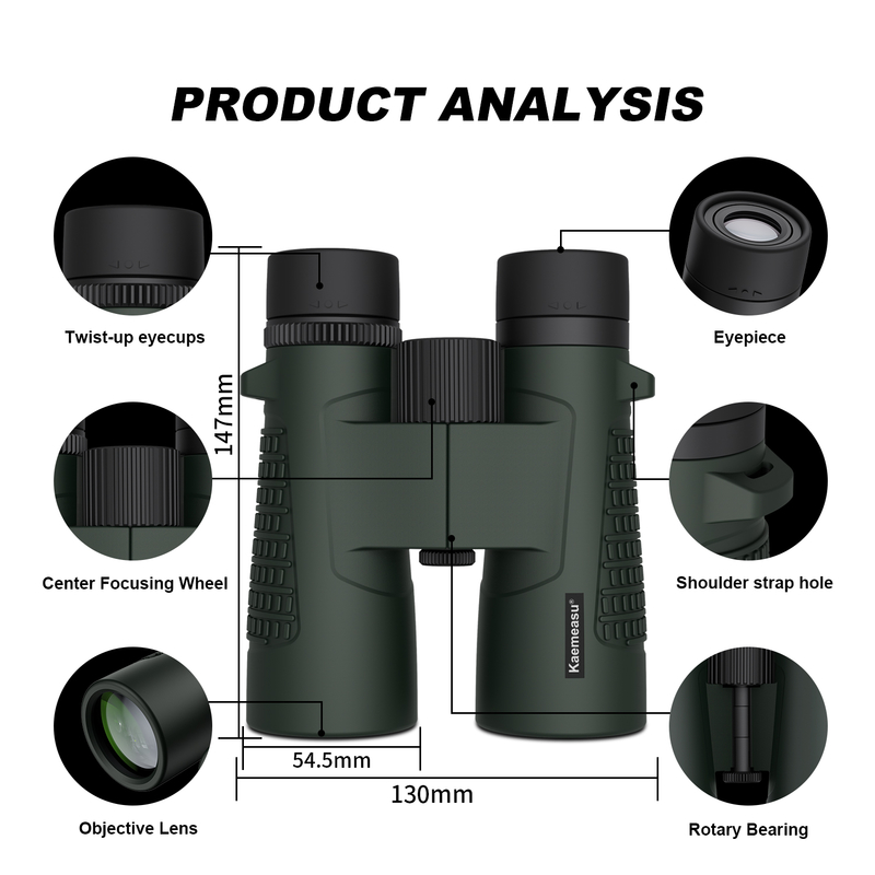 Kaemeasu C Modèle Couleur verte 10x42 HD Binoculaire imperméable à l'eau pour adultes, Binoculaire pour observation des oiseaux et randonnée, Optique avec prisme BAK4, Corps en alliage de magnésium antichoc, Vision claire et claire